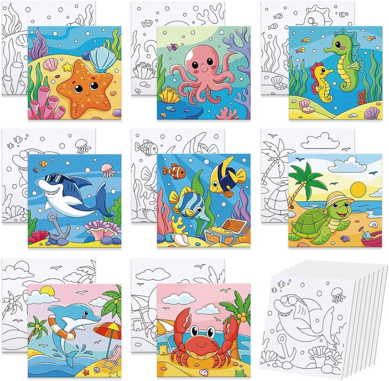 Anseal 8 Pack Pre Drawn Canvas for Painting, 8" X 8" Cute Animals Painting Canvas Bulk, Art Canvases for Painting for Kids Students School Home (Ocean) - Image 1